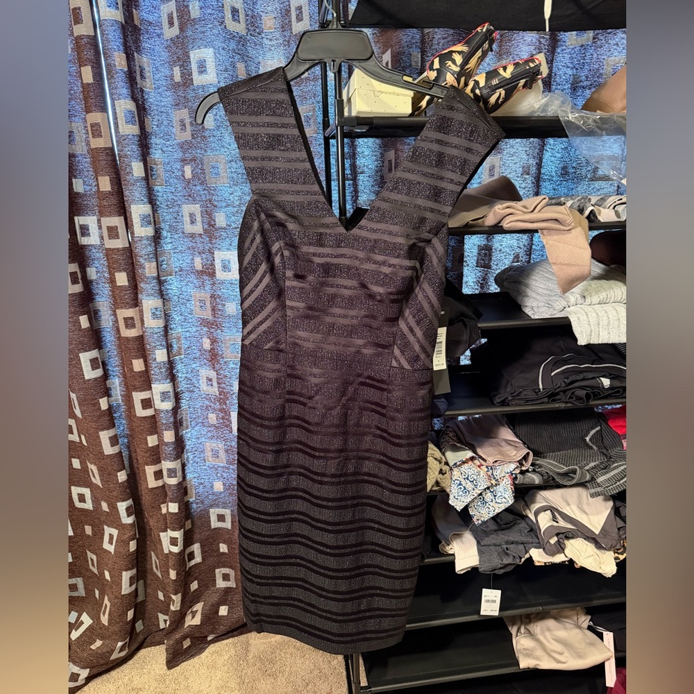 Badgley Mischka Black Dress with Metallic tonal stripes